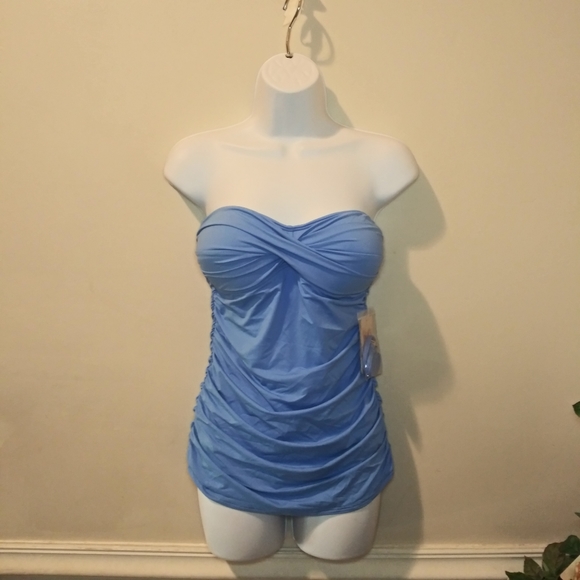 Tommy Bahama Pearl Solids Blue Shirred Twist Front Bandeau One Piece Swimsuit - Picture 5 of 16